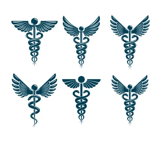 Vector illustration of Set of vector Caduceus symbols created using bird wings and snakes. Medical treatment and rehabilitation theme illustrations.