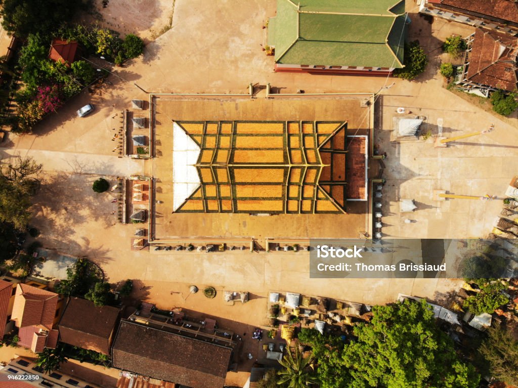 Aerial boudhist temple pagoda in Siem-Reap, Cambodia Drone aerial bird eye view of a boudhist temple pagoda in Siem-Reap, Cambodia Ancient Stock Photo