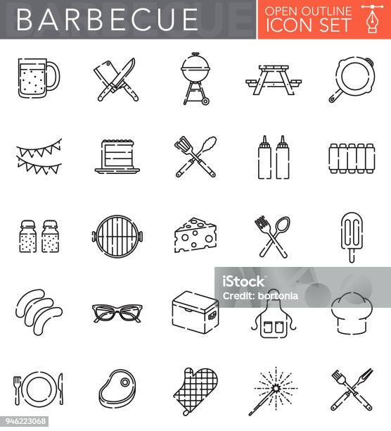 Barbecue Open Outline Icon Set Stock Illustration - Download Image Now - Barbecue - Meal, Barbecue Grill, Icon Symbol