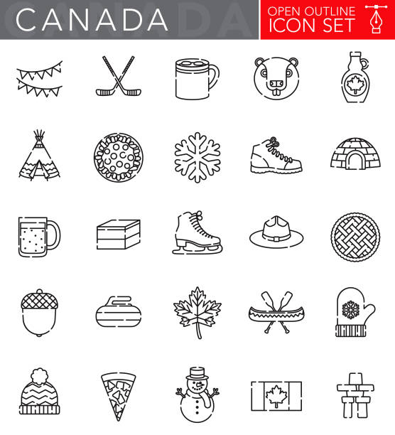 ilustrações, clipart, desenhos animados e ícones de conjunto de ícones de contorno aberto de canadá - canadian flag canada flag maple leaf