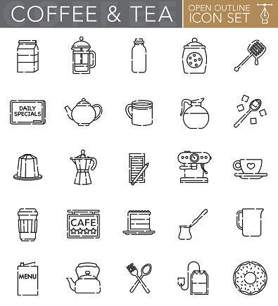 A group of 25 tea and coffee ‘open outline’ thin line icons. File is built in the CMYK color space for optimal printing. Icons are grouped and easy to isolate.