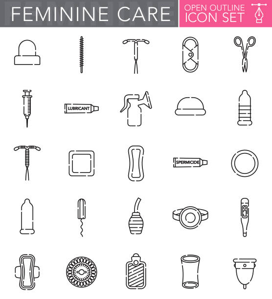 Feminine Care Open Outline Icon Set A group of 25 ‘open outline’ thin line icons. File is built in the CMYK color space for optimal printing. Icons are grouped and easy to isolate. diaphragm contraceptive stock illustrations