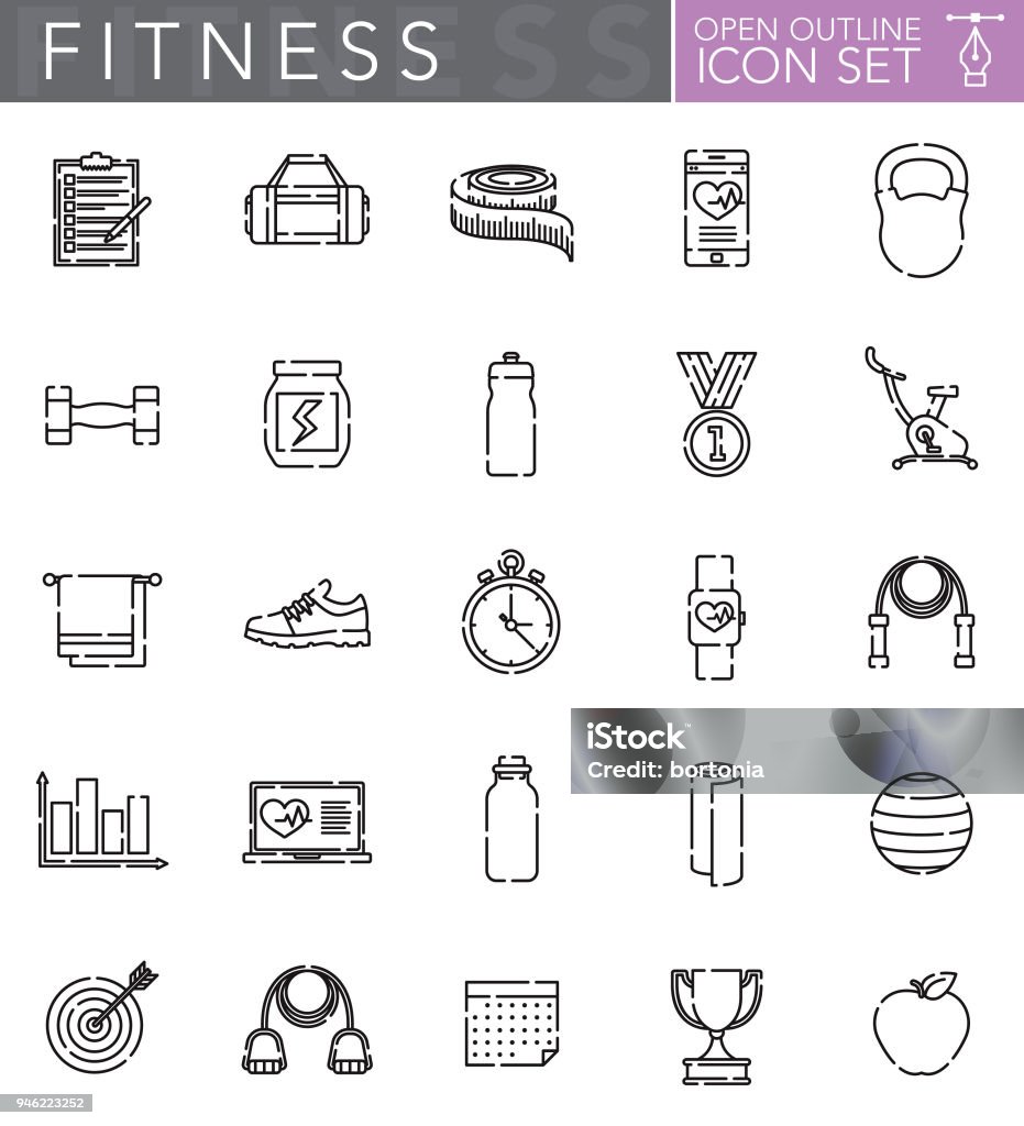 Fitness Open Outline Icon Set A group of 25 ‘open outline’ thin line icons. File is built in the CMYK color space for optimal printing. Icons are grouped and easy to isolate. Icon Symbol stock vector