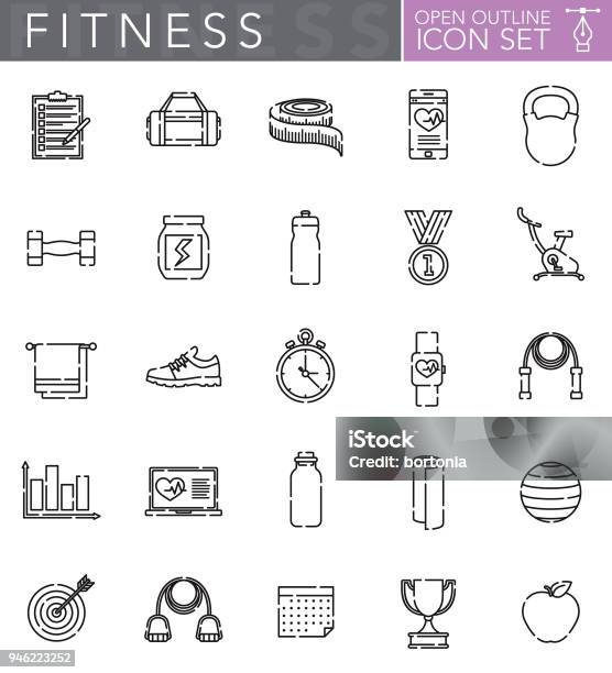 Fitness Open Outline Icon Set Stock Illustration - Download Image Now - Icon Symbol, Exercising, Water Bottle