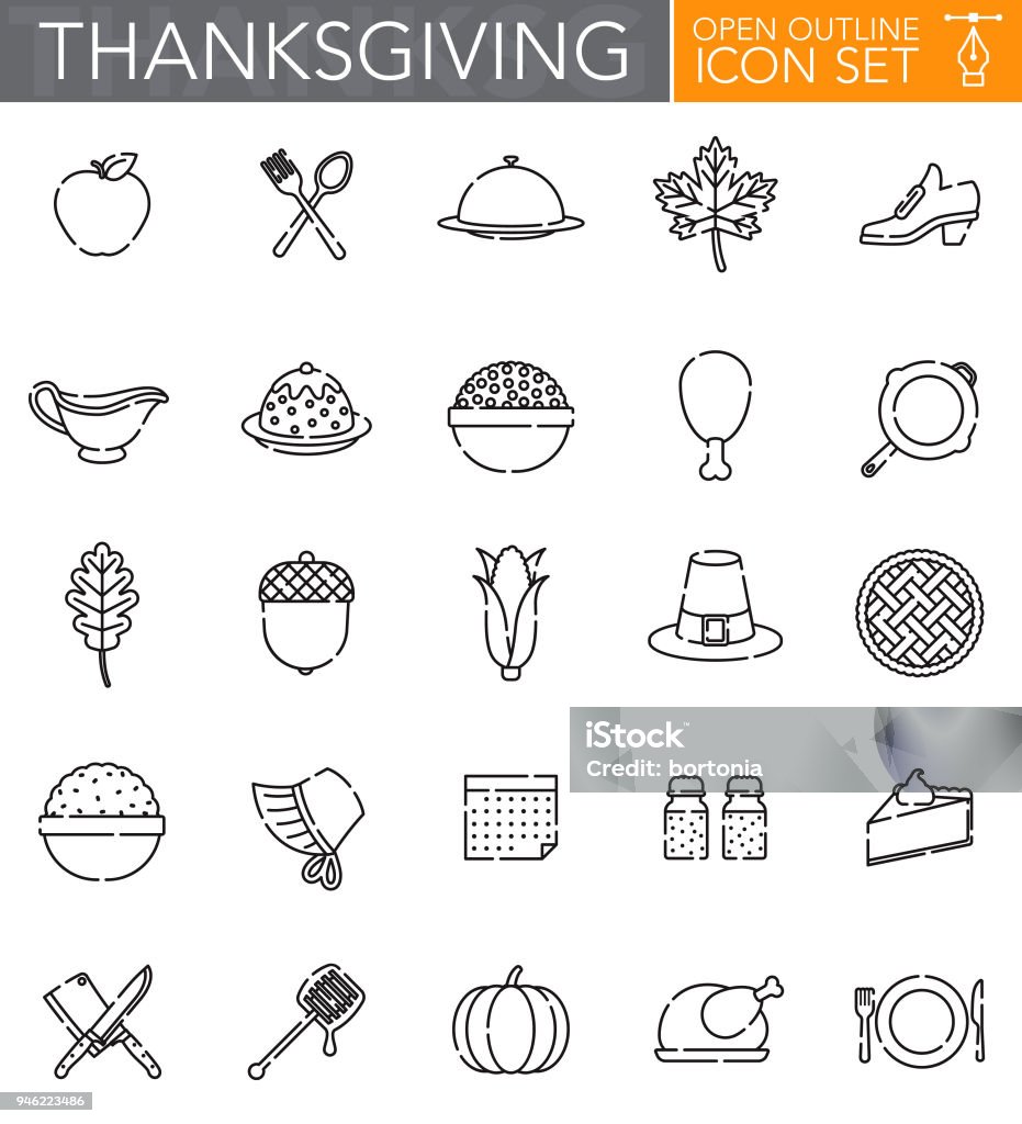 Thanksgiving Open Outline Icon Set A group of 25 ‘open outline’ thin line icons. File is built in the CMYK color space for optimal printing. Icons are grouped and easy to isolate. Icon Symbol stock vector