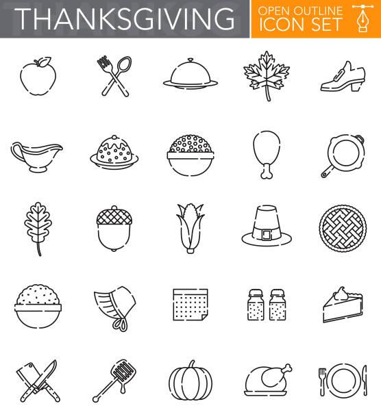 Thanksgiving Open Outline Icon Set A group of 25 ‘open outline’ thin line icons. File is built in the CMYK color space for optimal printing. Icons are grouped and easy to isolate. gravy stock illustrations