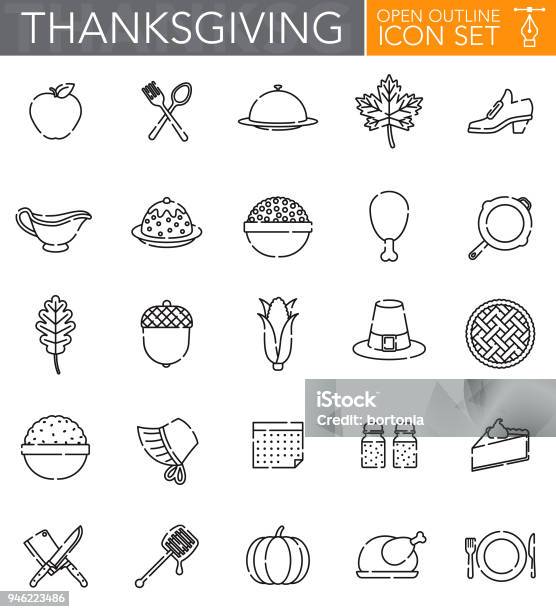 Thanksgiving Open Outline Icon Set Stock Illustration - Download Image Now - Icon Symbol, Thanksgiving - Holiday, Gravy