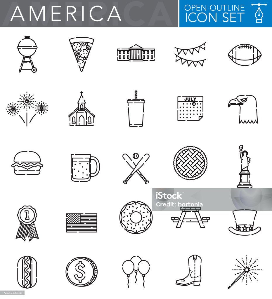 USA Open Outline Icon Set A group of 25 ‘open outline’ thin line icons. File is built in the CMYK color space for optimal printing. Icons are grouped and easy to isolate. American Flag stock vector