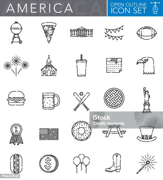 Usa Open Outline Icon Set Stock Illustration - Download Image Now - American Flag, Cowboy Boot, Vector