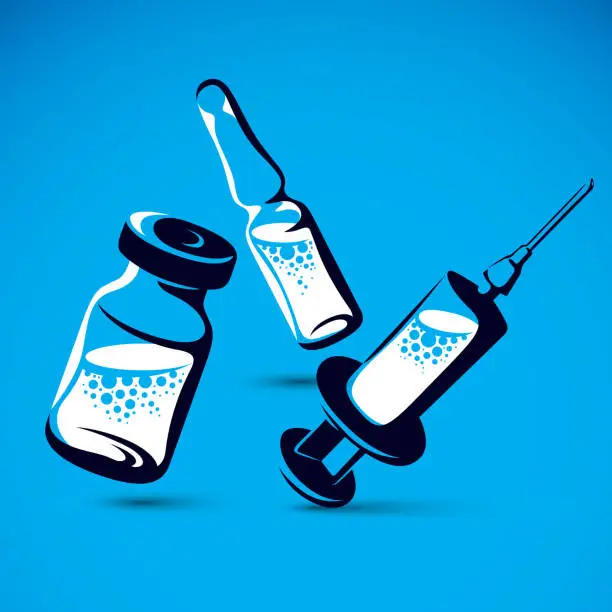 Vector illustration of Vector graphic illustration of bottle, ampoule with medicine and medical syringe for injections. Antivirus vaccination concept.