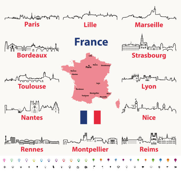illustrazioni stock, clip art, cartoni animati e icone di tendenza di vettore delinea icone di francia città skyline con mappa e bandiera della francia - nantes