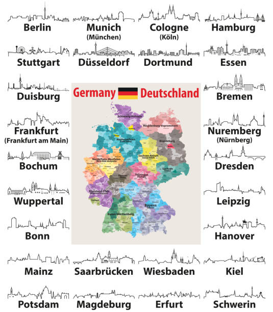 ilustraciones, imágenes clip art, dibujos animados e iconos de stock de vector describe los iconos de skylines de las ciudades de alemania con el mapa y la bandera de alemania - nordrhein westfalen flag