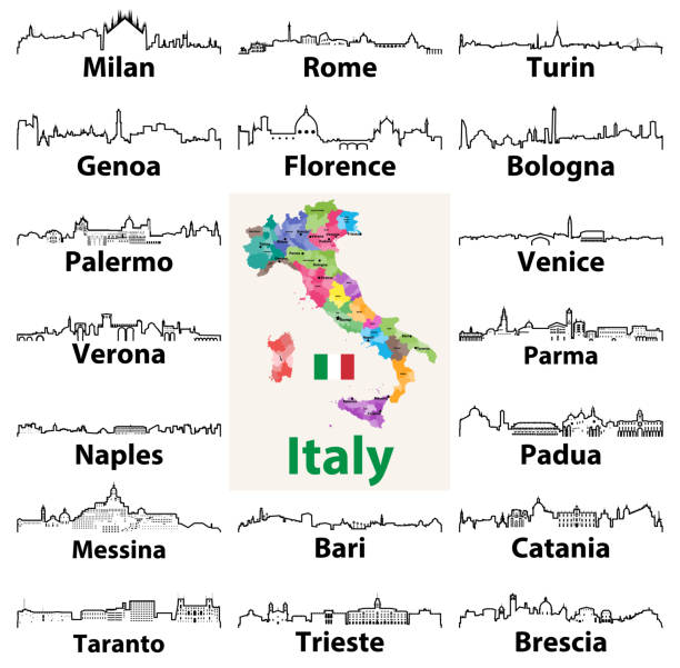 illustrazioni stock, clip art, cartoni animati e icone di tendenza di vettore delinea icone delle città italiane skyline con mappa e bandiera d'italia - bari