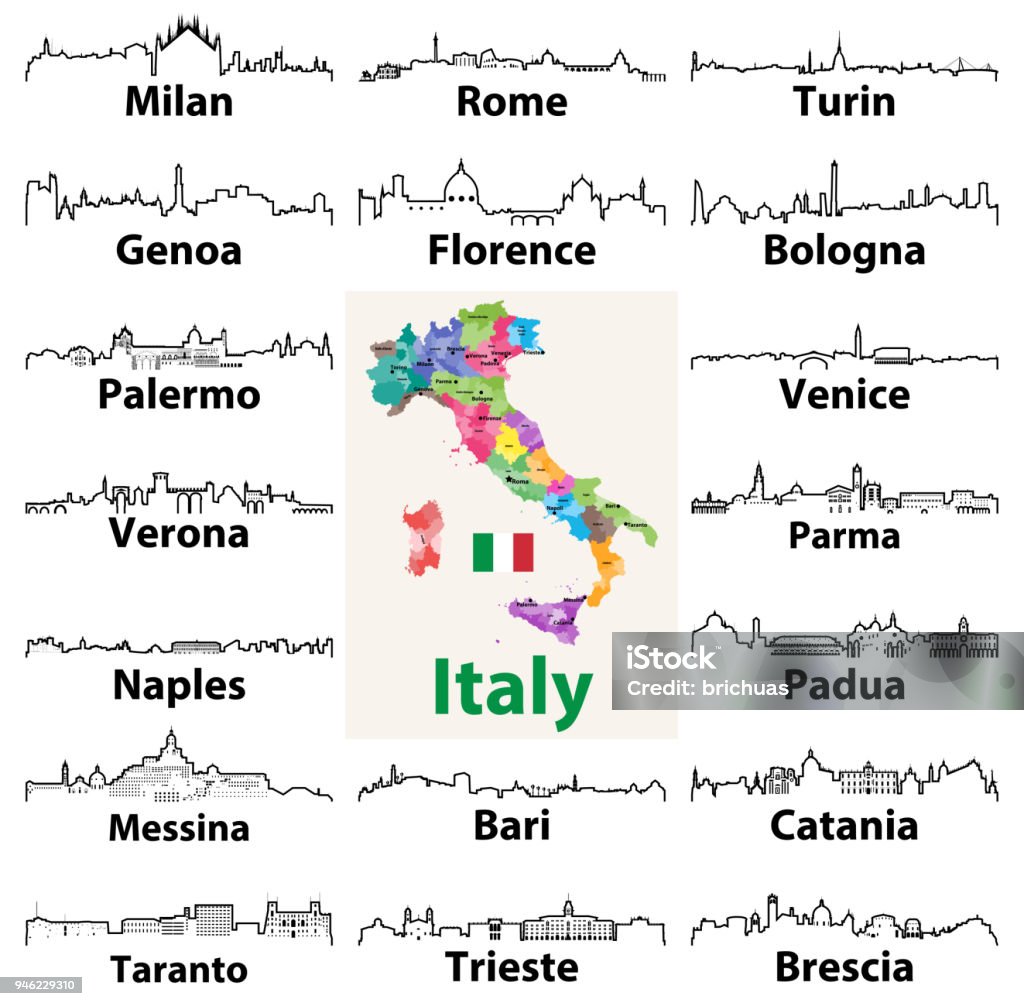 vector outlines icons of Italy cities skylines with map and flag of Italy Urban Skyline stock vector