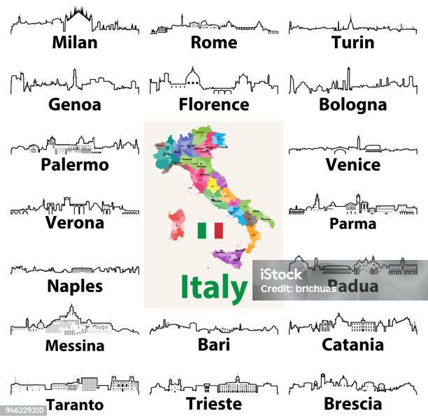 Vector Outlines Icons Of Italy Cities Skylines With Map And Flag Of Italy Stock Illustration - Download Image Now