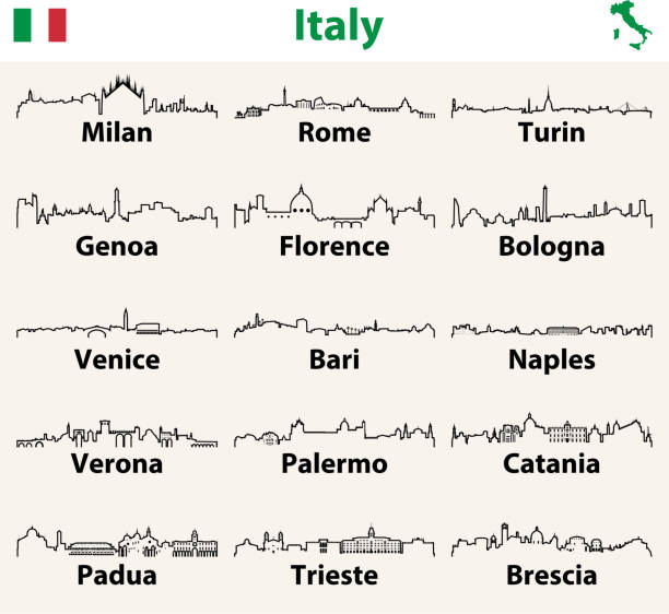 vektor beschreibt symbole von italien städte skylines mit karte und flagge von italien - bologna stock-grafiken, -clipart, -cartoons und -symbole
