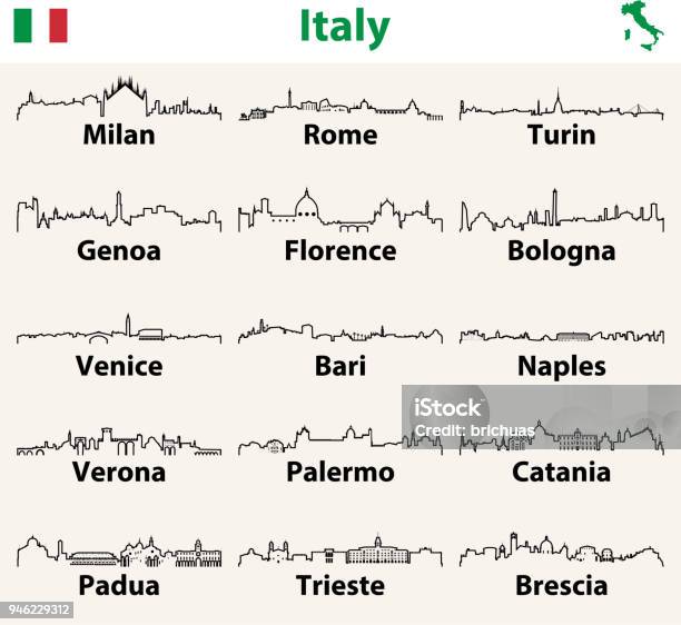 Vector Outlines Icons Of Italy Cities Skylines With Map And Flag Of Italy Stock Illustration - Download Image Now