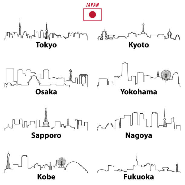 illustrations, cliparts, dessins animés et icônes de vecteur décrit les icônes des horizons de villes japonaises avec la carte et le drapeau du japon - facade architecture asia built structure