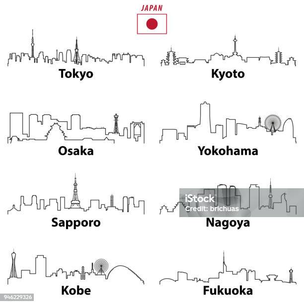 Vector Outlines Icons Of Japanese Cities Skylines With Map And Flag Of Japan Stock Illustration - Download Image Now