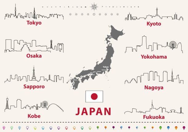 vector outlines icons of Japanese cities skylines with map and flag of Japan vector outlines icons of Japanese cities skylines with map and flag of Japan tokyo streets stock illustrations