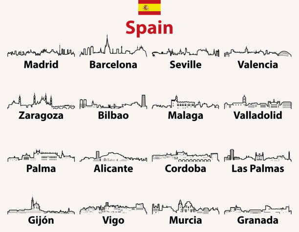 vektor beschreibt symbole der spanischen städte skylines mit flagge von spanien - granada spanien stock-grafiken, -clipart, -cartoons und -symbole