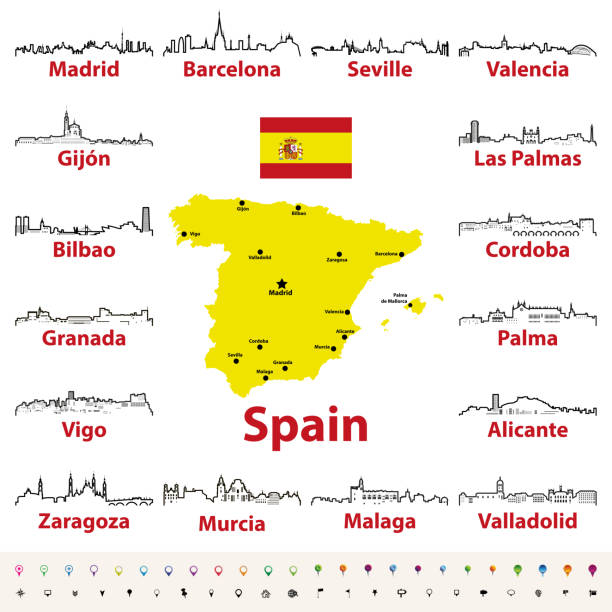 illustrations, cliparts, dessins animés et icônes de vecteur décrit les icônes des horizons de villes espagnoles avec carte et drapeau de l’espagne - palma majorque