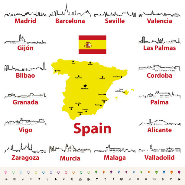 ilustrações de stock, clip art, desenhos animados e ícones de vector outlines icons of spanish cities skylines with map and flag of spain - palma de maiorca