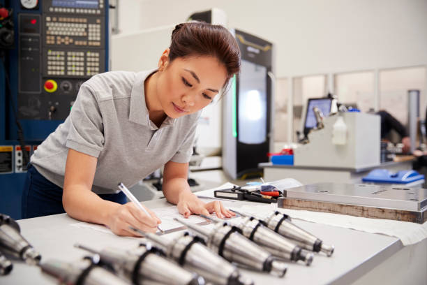 istock Female Engineer Measuring CAD Drawings In Factory 946236532