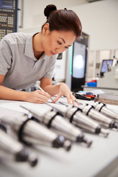 istock Female Engineer Measuring CAD Drawings In Factory 946236566