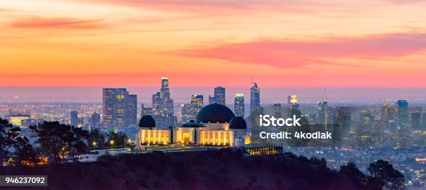 Los Angeles Skyline At Dawn Panorama And Griffith Park Observatory In The Foreground Stock Photo - Download Image Now