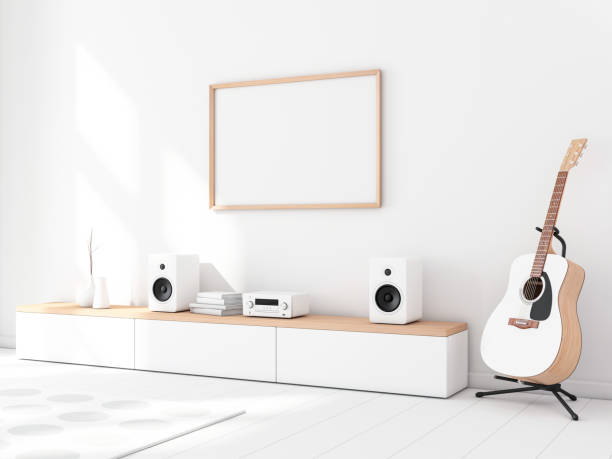 istock Horizontal poster wooden frame mockup in modern interior with bureau 946243732