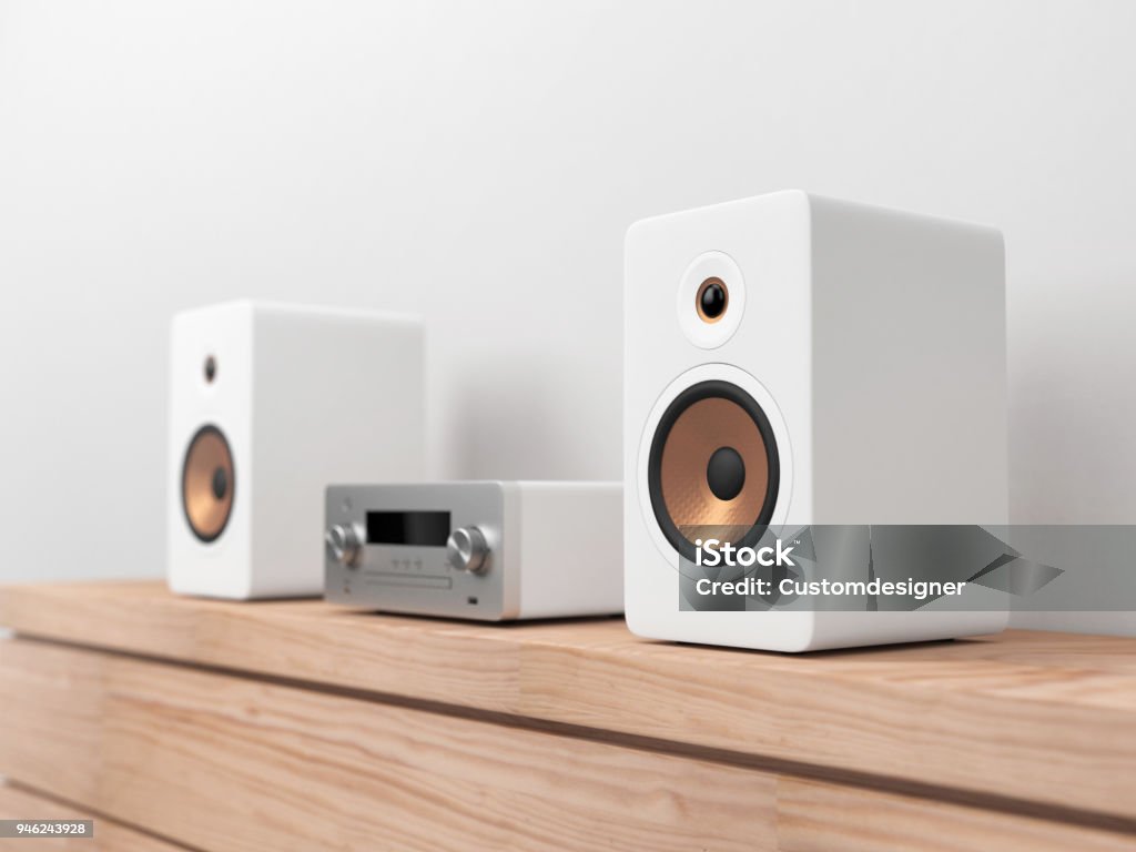 Micro Hi-Fi stereo system mockup, Network receiver,  cd and mp3 player Micro Hi-Fi stereo system mockup, Network receiver,  cd and mp3 player, 3d rendering Speaker Stock Photo