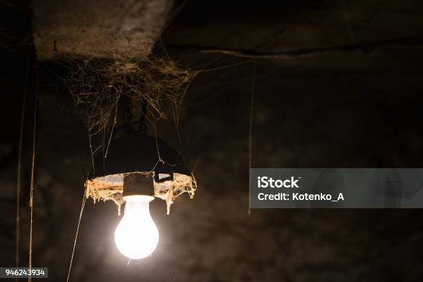 Glowing Lamp In A Barn Stock Photo - Download Image Now - Shed, Spider, Light Bulb