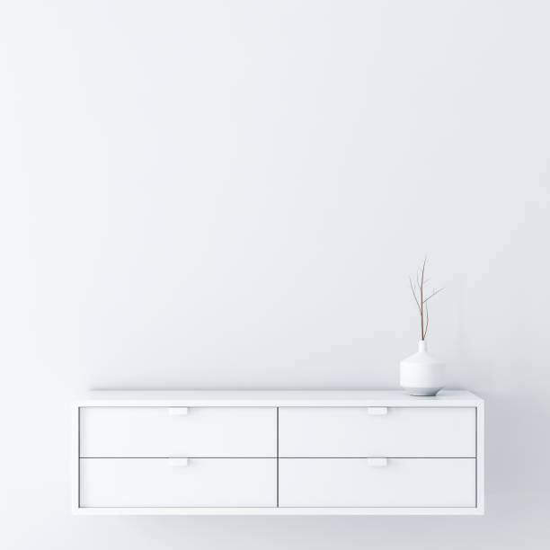 weißen leeren raum wand mockup mit konsole und vase dekor - dresser stock-fotos und bilder