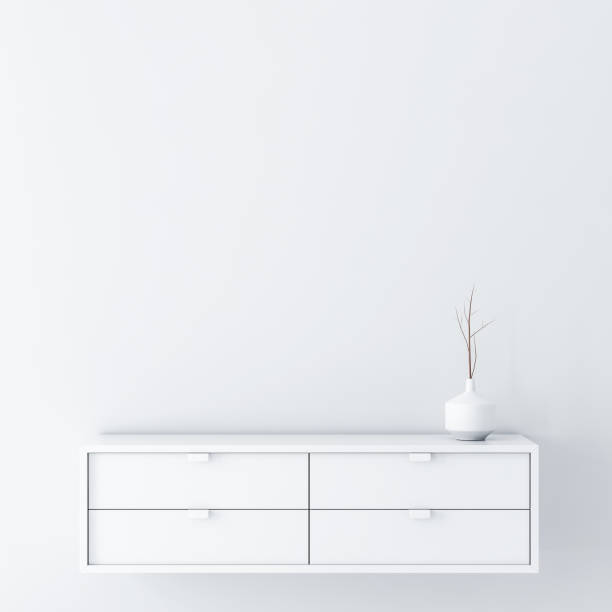 White empty room wall Mockup with console and vase decor White empty room wall Mockup with console and vase decor, 3d rendering dresser stock pictures, royalty-free photos & images