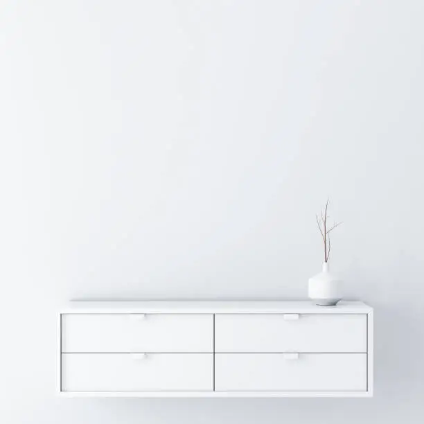 Photo of White empty room wall Mockup with console and vase decor