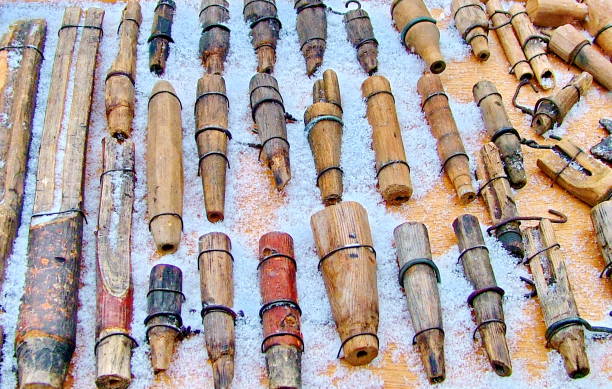 homemade carved wooden spiles used to tap maple trees - maple tree imagens e fotografias de stock