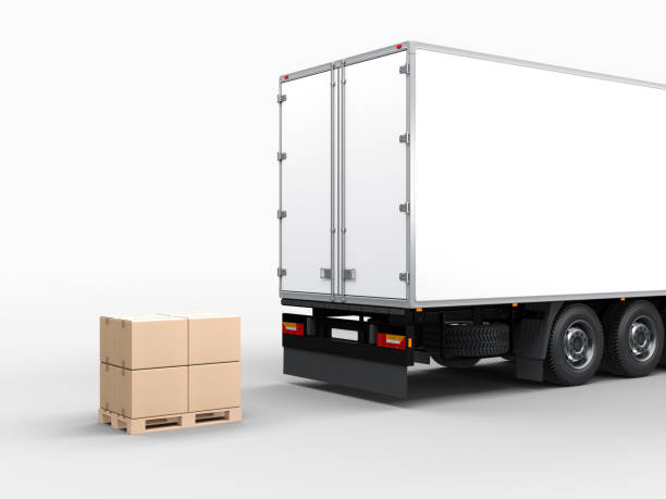 istock White Trailer with Four Brown Cardboard parcel boxes on euro pallet 946247560