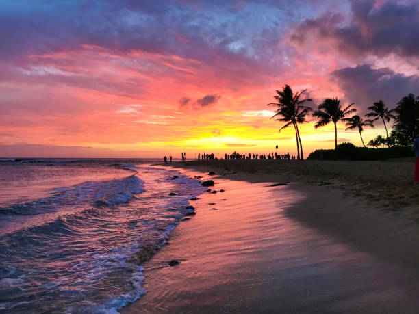 Colorful sunset at the south side of the island , the Poipu Beach of Kauai in Hawaii, USA.