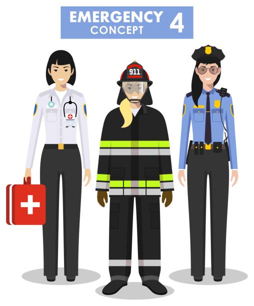 notfallkonzept. detaillierte darstellung der weiblichen feuerwehrmann, arzt und polizist in flachen stil auf weißem hintergrund. vektor-illustration. - paramedic fire department emergency sign healthcare and medicine stock-grafiken, -clipart, -cartoons und -symbole