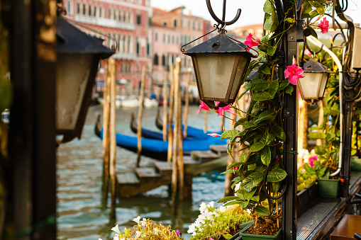 Lantern by cafe on a Grand Canal Venice Italy