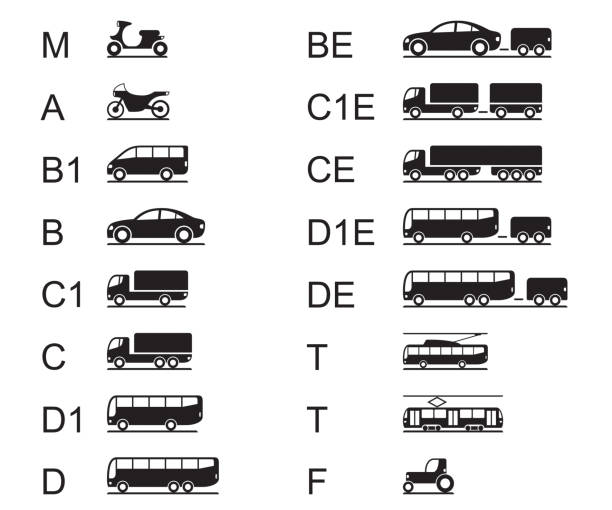 illustrazioni stock, clip art, cartoni animati e icone di tendenza di patenti di guida per diversi veicoli stradali - vehicle trailer illustrations