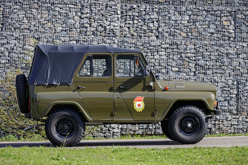 Ludwigsburg, Germany - April 8, 2018: UAZ-469 oldtimer offroad military car at the 2018 Retro Season Opener meeting and show.