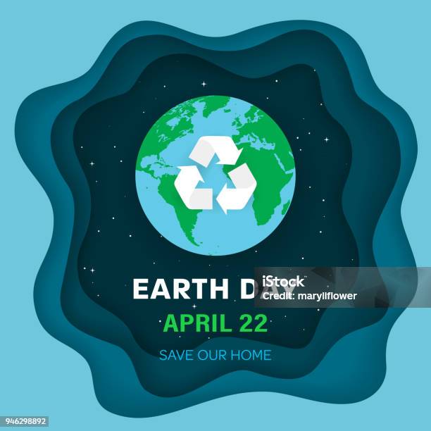 Ilustración de Concepto De Día De La Tierra Planeta Tierra En El Espacio Fondo De Cielo Nocturno Con Estrellas Y El Globo De La Tierra Con Reciclar Signo Símbolo De Eco Con Flechas De Reciclaje Papel Y Arte Estilo Con Efecto 3d Ilustración De Vector y más Vectores Libres de Derechos de Día de la Tierra