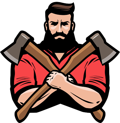 Sawmill, joinery, carpentry icon or label. Lumberjack holds crossed axes in hands. Cartoon vector