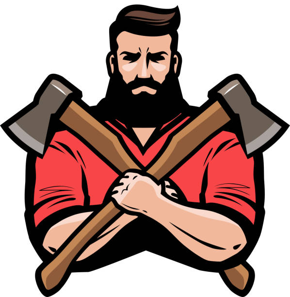 Sawmill, joinery, carpentry icon or label. Lumberjack holds crossed axes in hands. Cartoon vector illustration Sawmill, joinery, carpentry icon or label. Lumberjack holds crossed axes in hands. Cartoon vector lumberjack stock illustrations