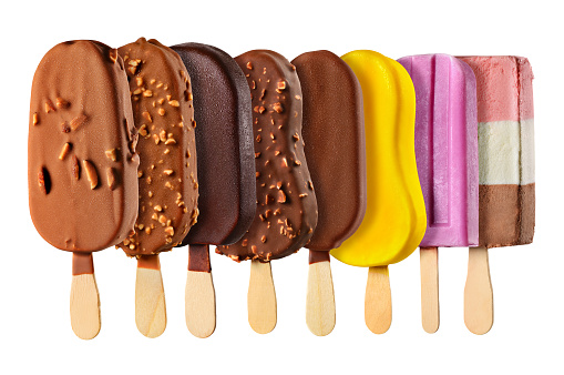 Set of different ice cream popsicle arranged in a row isolated on white background