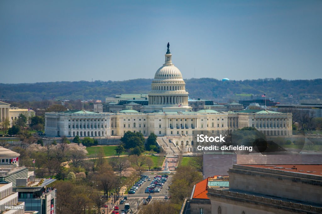 United States Capitol and Pennsylvania Avenue in Washington, DC Birds eye view of the West Facade of the U.S. Capitol Building and Pennsylvania Avenue in Washington, DC. House Of Representatives Stock Photo