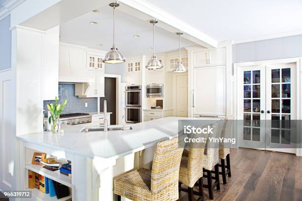 Modern Kitchen Design With Open Concept And Bar Counter Stock Photo - Download Image Now