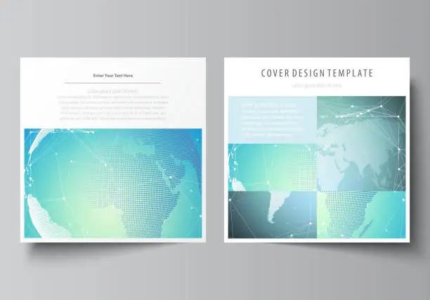 Vector illustration of The minimalistic vector illustration of editable layout of two square format covers design templates for brochure, flyer, magazine. Chemistry pattern, molecule structure, geometric design background